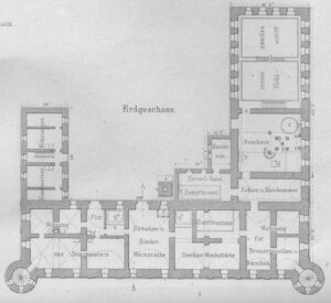 BRANICE, plan browaru, dawnego zamku; rzut parteru – prawdopodobnie zaadaptowano wówczas stary układ pomieszczeń do nowych funkcji (ZfB 1872, zb.P. Siemko)