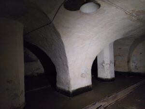 BRANICE, piwnica dawnego zamku o sklepieniu krzyżowym wspartym na kwadratowym filarze w skrzydle wsch.; sklepienie wzmocnione betonowymi podporami (fot. P. Siemko, lipiec 2023)