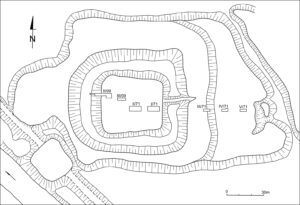 BEŁCZ MAŁY, plan założenia obronnego z lokalizacją wykopów archeologicznych (za: Nowakowski 2017, s. 258, ryc. 132).