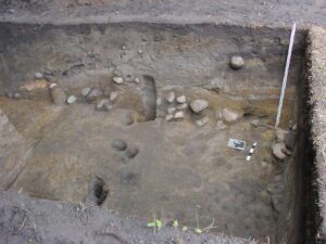 BEŁCZ MAŁY, wykop II/09. Negatywy po słupach palisady wzmacniającej W krawędź plateau kopca (fot. D. Nowakowski).