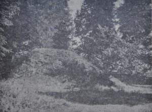 Chróścina. Widok głównego członu założenia od strony SW według fotografii z lat 70. XX w. (za: Kaźmierczyk, Macewicz, Wuszkan 1977, s. 83, ryc. 47).