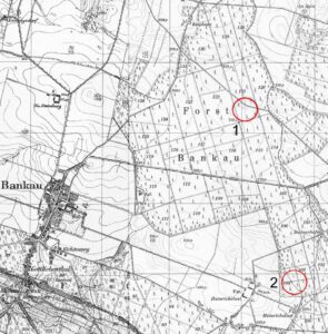 Bąków. Fragment mapki Messtischblatt z lokalizacją obiektów (oprac. D. Nowakowski, Katalog Zamków i Dworów Obronnych Śląska [https://zamki.pwr.edu.pl/]. Licencja: CC BY-SA 4.0 [https://creativecommons.org/licenses/by-nc/4.0/])