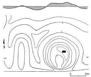Bąków, stan. 2. Schematyczny plan warstwicowy obiektu (za.: Kaźmierczyk, Macewicz, Wuszkan 1977, s. 43, ryc. 12).