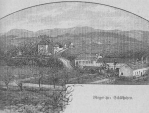 BŁOGOCICE, widok zamku przed 1887 r. (wg Sláma)