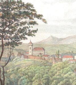 CIESZYN, zamek cieszyński na panoramie miasta Cieszyna ok. 1830 roku przed budową pałacu na miejscu zamku dolnego z inicjatywy Karola Habsburga (litografia kolorowana Kunicke`go, zb. P. Siemko)
