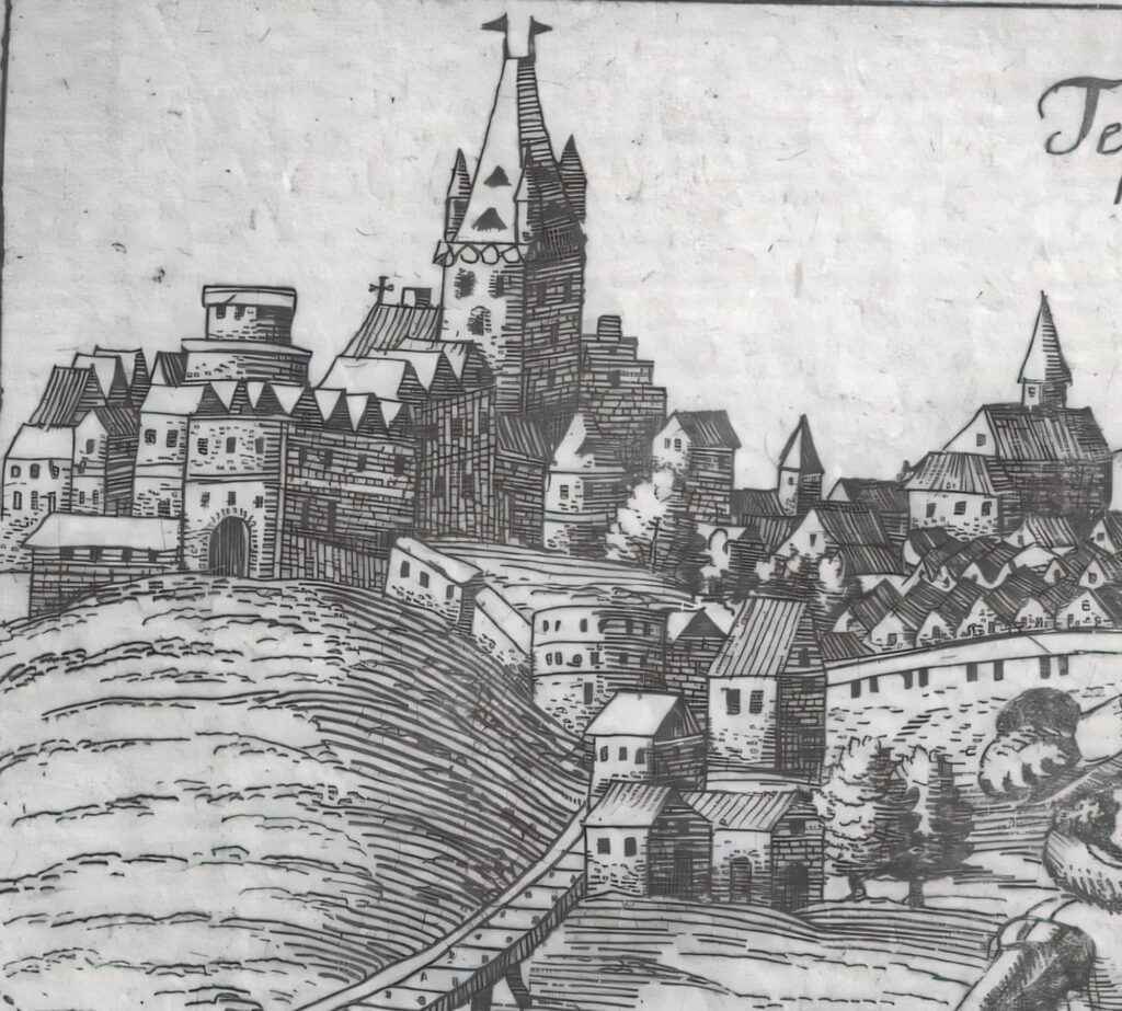 CIESZYN, zamek cieszyński na panoramie miasta Cieszyna w dziele D. Meisnera Sciographia Cosmica wydanym w 1637 r. (zb. P. Siemko, Katalog Zamków i Dworów Obronnych Śląska [https://zamki.pwr.edu.pl/]. Licencja: CC BY-SA 4.0 [https://creativecommons.org/licenses/by-nc/4.0/])