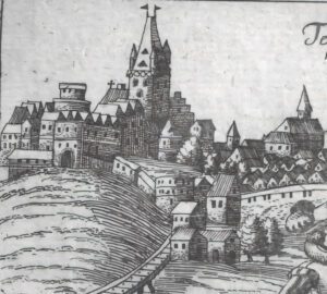 CIESZYN, zamek cieszyński na panoramie miasta Cieszyna w dziele D. Meisnera Sciographia Cosmica wydanym w 1637 r. (zb. P. Siemko, Katalog Zamków i Dworów Obronnych Śląska [https://zamki.pwr.edu.pl/]. Licencja: CC BY-SA 4.0 [https://creativecommons.org/licenses/by-nc/4.0/])