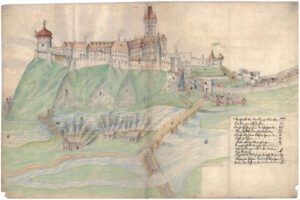 CIESZYN, zamek w trakcie oblężenia w 1646 r. przez wojska cesarskie – widok od zach. (