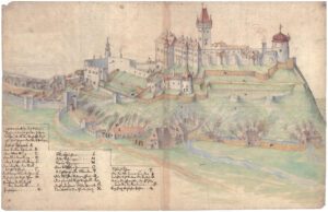 CIESZYN, zamek w trakcie oblężenia w 1646 r. przez wojska cesarskie – widok od płd.-wsch.