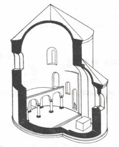CIESZYN, rzut aksonometryczny kaplicy zamkowej ze zrekonstruowaną lożą książęcą (ZACHWATOWICZ s. 135)