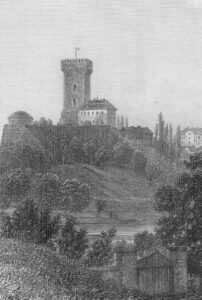 CIESZYN, zamek cieszyński na panoramie miasta Cieszyna ok. 1835 roku z zachowanym jedynym wówczas budynkiem zamku górnego (staloryt, rys. E. Gurk, ryt. T. Phillibrown, zb. P. Siemko)