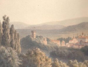 CIESZYN, fragment panoramy miasta Cieszyna z zamkiem (widoczna wieża i loggia od strony Olzy) – litografia kolorowana, wyk. E. Hölzel w Ołomuńcu, ok. 1840, zb. P. Siemko)