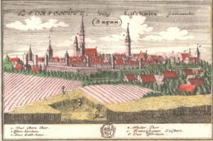 GŁUBCZYCE, panorama Głubczyc od płd. nr 1 oznaczona Brama Górna obok której zlokalizowany był zamek (F.B. Werner – Scenographia Urbium Silesiae 1738, zb. P. Siemko)