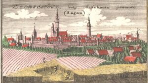 GŁUBCZYCE, panorama Głubczyc od płd. nr 1 oznaczona Brama Górna obok której zlokalizowany był zamek (F.B. Werner – Scenographia Urbium Silesiae 1738, zb. P. Siemko)