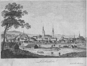 GŁUBCZYCE, panorama Głubczyc od płd. przed 1819 r. – czerwonym kółkiem zaznaczono (prawdopodobnie) Dwór Krzyżowy Joannitów położony przed zamkiem od płd. (F.C. Stuckart zb. P. Siemko)