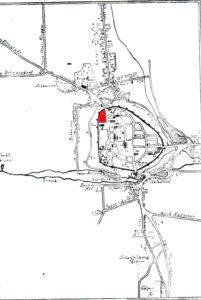 GŁUBCZYCE, plan Głubczyc z 1800 r.; zaznaczono usytuowanie zamku