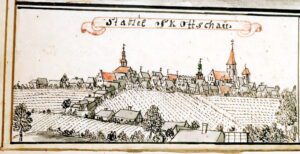 SKOCZÓW, panorama miasta Skoczowa sporządzona przez F.B. Wernera w 1734 roku (w Topographia …) – na prawo od wieży kościelnej widoczna wieża zamku