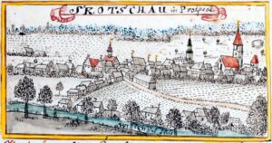 SKOCZÓW, panorama miasta Skoczowa zza Wisły sporządzona przez F.B. Wernera w 1734 roku (Topographia…) – na prawo od wieży kościelnej widoczna wieża zamku