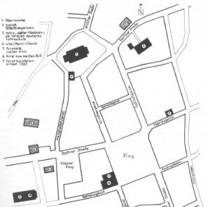 SKOCZÓW, plan centrum Skoczowa – na wschód od kościoła zaznaczono zamek - nr 2 (Neumann)