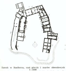 RACIBÓRZ, Plan zamku w Raciborzu wg Katalogu Zabytków Sztuki w Polsce; 1- kaplica zamkowa, 2- budynek bramy, 3- wschodnie skrzydła zamku (północne XIII-XIX w.) i (południowe XVII w.), 4- północne i zachodnie skrzydła, obecnie budynki browaru, 5- mury obwodowe od północy, wewnętrzny i zewnętrzny