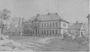 WODZISŁAW ŚLĄSKI, najstarszy widok pałacu zbudowanego przez Guidobalda von Dietrichsteina z 1845 r. (rys. A. v. Minutoli zb. Gabinet Rycin Biblioteki PAN i U)