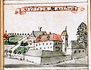 WODZISŁAW ŚLĄSKI, rysunek rzekomego zamku w Marklowicach, przedstawiający prawdopodobnie zamek w Wodzisławiu Śląskim (F.B. Werner – Topographia…)