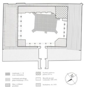 NIEMODLIN, Zarys planu zamku z naniesionymi fazami wznoszenia zabudowy zamku na podstawie ustaleń H. Lutscha, L. Burgemeistra, K. Rainczaka, W. Piszczałowskiego i J. Romanowa