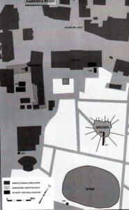 WODZISŁAW ŚLĄSKI, rejon obecnego pałacu i gródka z zaznaczonymi miejscami prowadzenia badań archeologicznych – (FURMANEK, KULPA 1998