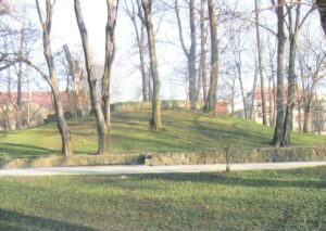 WODZISŁAW ŚLĄSKI, kopiec w parku za pałacem w Wodzisławiu Śląskim - miejsce odkrycia drewnianej wieży mieszkalnej i miejsce po pierwotnym zamku