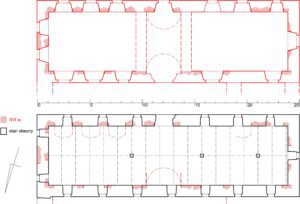 ZIEMIĘCICE, plan domu pańskiego – u góry wg stanu w XVI wieku, u dołu stan obecny z zaznaczonymi elementami pierwotnej struktury (M. CHOROWSKA)