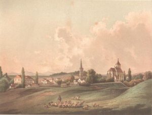 WODZISŁAW ŚLĄSKI, panorama Wodzisławia z pałacem i starym kościołem (Duncker , zb. P. Siemko)