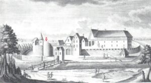 RACIBÓRZ, Miedzioryt rysunku F.B. Wernera wykonany na podstawie rysunku W. Säbischa; strzałką zaznaczono wieżę