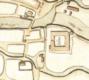 RACIBÓRZ, Fragment planu Raciborza z 1742 roku, przedstawiający zarys planu zamku w formie regularnego czworoboku, jakim nigdy nie był; w narożu południowo-zachodnim budowla związana z zamkiem (pozostałość wieży?, zaznaczone strzałką) – (wg P. Greiner - Plany i weduty miast Górnego Śląska)