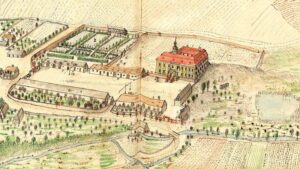 SIEDLIMOWICE - Widok zamku z folwarkiem i ogrodem na kolorowanym rysunku F.B. Wernera z ok. poł. XVIII w.