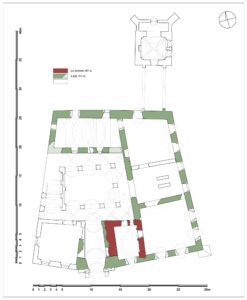 SIEDLIMOWICE - plan parteru z rozwarstwieniem chronologicznym murów, wg (BŁONIEWSKI 2013): 1– mury z XIV w., 2 – mury z 2 poł. XVI w., 3 – mury z XIX w
