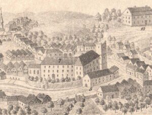 BIELSKO-BIAŁA, zamurowany wjazd dBIELSKO-BIAŁA, zamek w bielski na najstarszej panoramie Bielska sporządzonej przez Samuela Johanny’ego w 1801 roku (litografia z połowy XIX wieku wyk. E Klimeck w Bielsku, zb. P. Siemko)awnej bramy miejskiej z XIV wieku we wnętrzu dzisiejszej wieży zamkowej