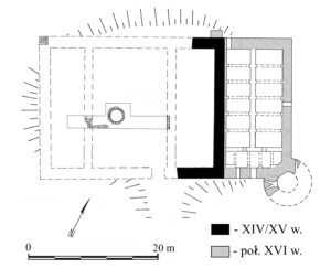 BORÓW POLSKI, plan dworu z rozwarstwieniem chronologicznym murów i lokalizacją wykopu archeologicznego (za: Nowakowski 2008, s. 425, ryc. 118)