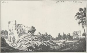 BORÓW POLSKI, ruina dworu wg ryciny Carla Benjamina Schwarza z pocz. XIX w. (za: Glaeser 1933, Abb. 5)