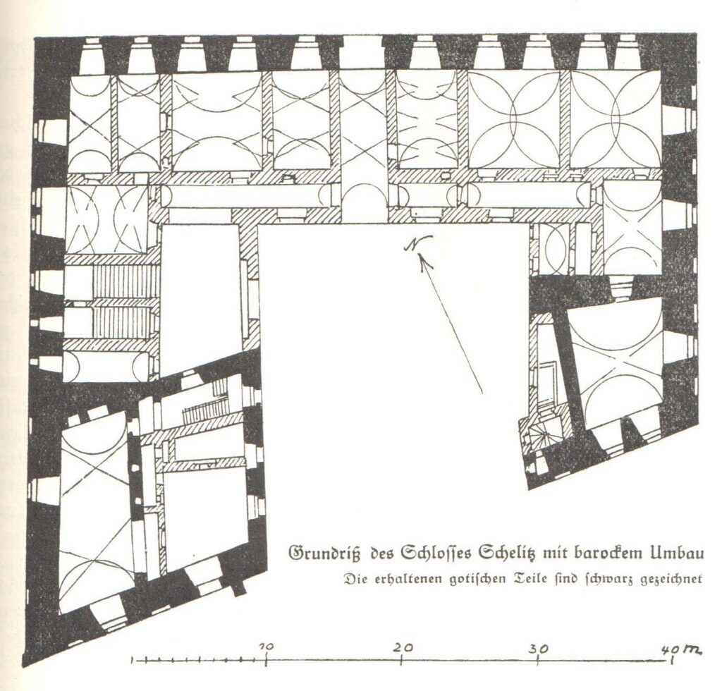 CHRZELICE, plan zamku wg K. Bimlera z zaznaczonymi na czarno murami gotyckimi