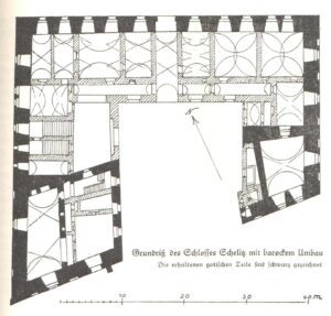 CHRZELICE, plan zamku wg K. Bimlera z zaznaczonymi na czarno murami gotyckimi