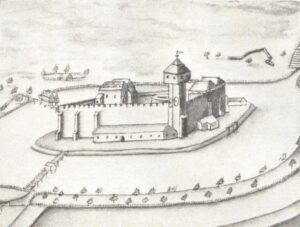 CHRZELICE, widok zamku wg Valentina von Säbischa (Bimler)