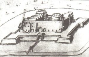 CHRZELICE, projekt (niezrealizowany) bastionowych umocnień zamku wg Valentina von Säbischa (Bimler)