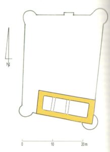 GŁOGÓWEK, próba rekonstrukcji planu pierwotnej budowli zamkowej na rzucie zarysu późniejszych murów zamku – skrzydło południowe zamku górnego (wg A. Wagnera)