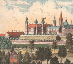 GŁOGÓWEK, Widok zamku na panoramie miasta według F.B. Wernera w Scenographia Urbium Silesiae, 1738 (widoczna bryła renesansowego zamku górnego od południowego-zachodu ze skrzydłami zachodnim i fragmentem południowego)