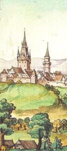 GŁOGÓWEK, widok zamku na panoramie miasta według weduty z 1536 roku (powstałej podczas podróży palatyna Ottheinricha z Bawarii do Krakowa)