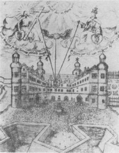 GŁOGÓWEK, widok zamku górnego od wschodu według miedziorytu z 1644 roku