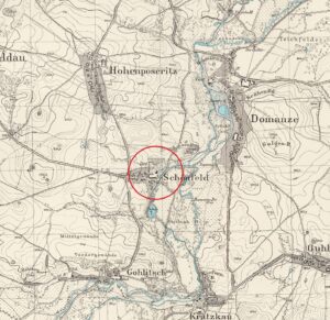 SIEDLIMOWICE, lokalizacja zamku i folwarku na wycinku niemieckiej mapy topograficznej (Meβtischblatt) z 1937 r., oprac. P. Błoniewski