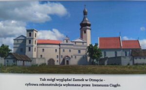 OTMĘT, rekonstrukcja cyfrowa zamku na tablicy informacyjnej przed kościołem, na podstawie rys. F.B. Wernera – Topographia..)