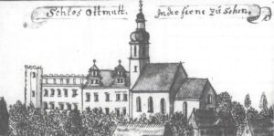 OTMĘT, zamek po przebudowie ok. 1600 r., stan przed przebudową w I poł. XVIII w. (F.B. Werner – Topographia…)