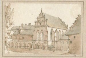 RACIBÓRZ, Kaplica zamkowa z renesansowym szczytem oraz fragment skrzydła wsch. zamku (rys. A. v. Minutoli, 1846, gab. ryc. Biblioteki PANiU)